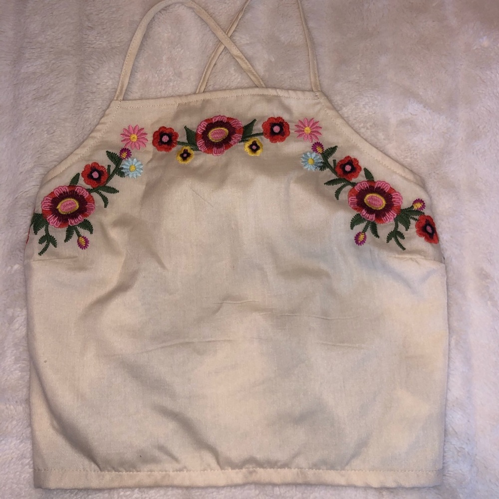 High-Neck Cross-Back Flower Top
